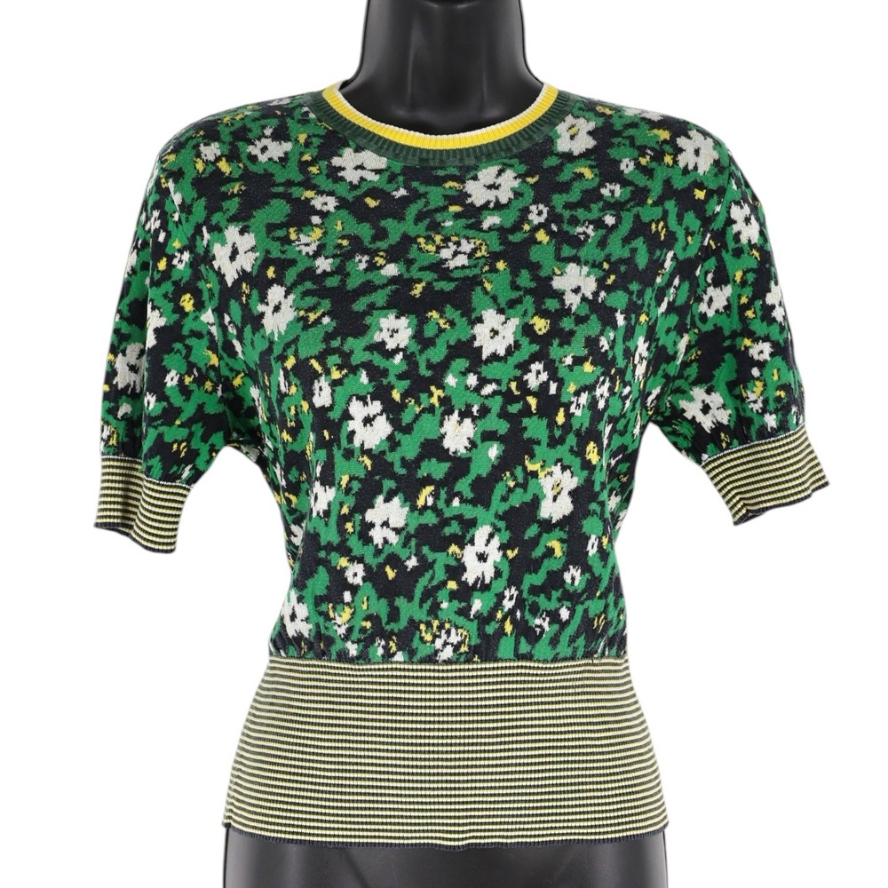 Proenza Schouler Green Floral Jacquard Knit Silk Blend Top Short Sleeve Yellow